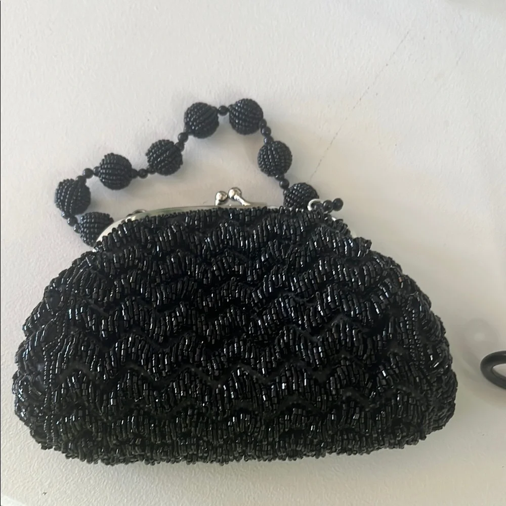 Black Beaded Half-Moon Clutch with Unique Handle - Picture 1 of 3
